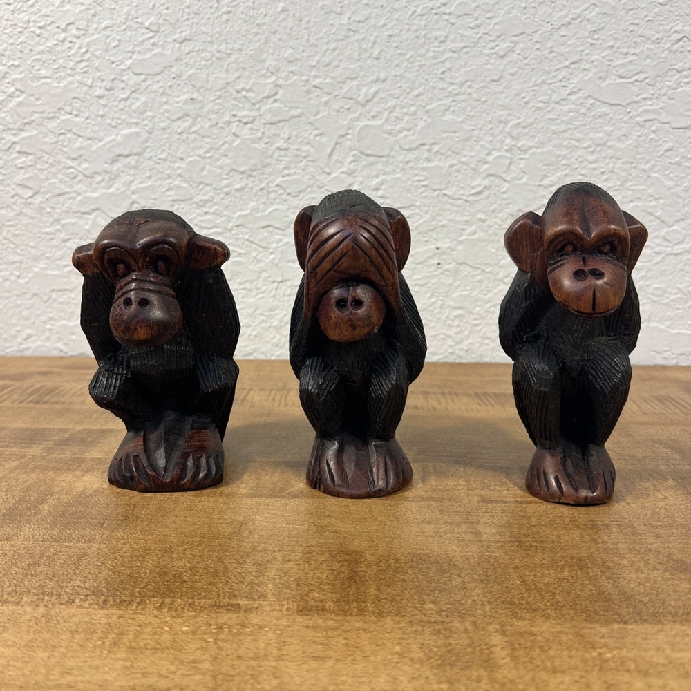 African Art Hand Carved 3 Wise Monkeys See Hear Speak No Evil Figurines Vintage